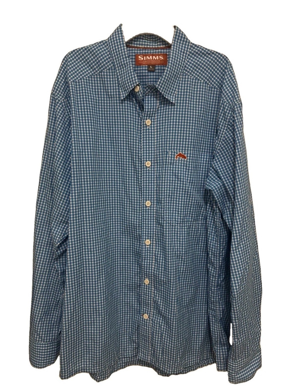 Simms Men’s Blue Check Button-Up Outdoor Shirt LARGE